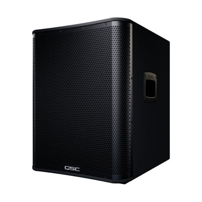 CS15-NA three-quarter front view showing perforated black steel grille, recessed side handle and QSC logo on the cabinet base, QSC