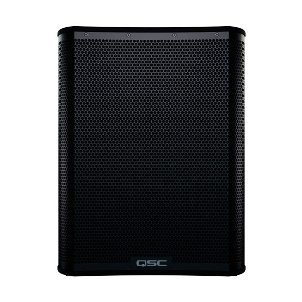 CS15-NA straight-on front view of the 15-inch active subwoofer with full hex-pattern steel grille and QSC logo plate, QSC
