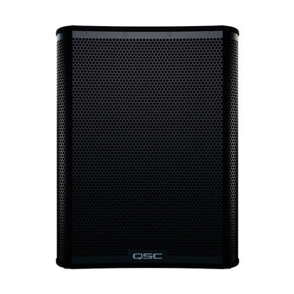 CS15-NA straight-on front view of the 15-inch active subwoofer with full hex-pattern steel grille and QSC logo plate, QSC