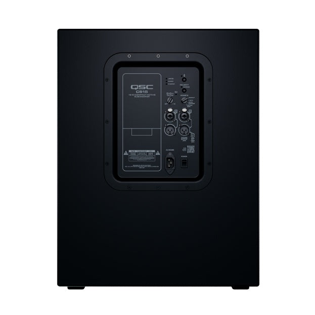 CS15-NA rear view showing black cabinet with recessed amplifier panel and QSC CS15 label, QSC