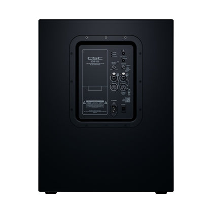 CS15-NA rear view showing black cabinet with recessed amplifier panel and QSC CS15 label, QSC