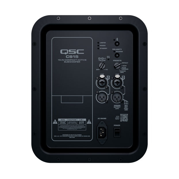 CS15-NA rear amplifier panel close-up showing dual XLR/TRS combo inputs, XLR mix outputs, polarity and preset controls, Bluetooth button, AC mains inlet and power switch, QSC