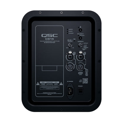 CS15-NA rear amplifier panel close-up showing dual XLR/TRS combo inputs, XLR mix outputs, polarity and preset controls, Bluetooth button, AC mains inlet and power switch, QSC