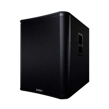 CS18-NA front three-quarter view with perforated steel grille, QSC logo and side recessed handle, QSC
