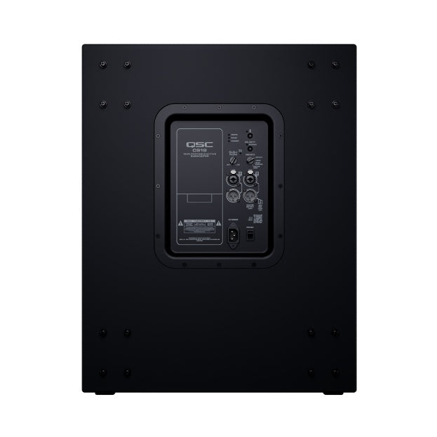 CS18-NA rear view of black cabinet with recessed amplifier panel and mounting screws, QSC