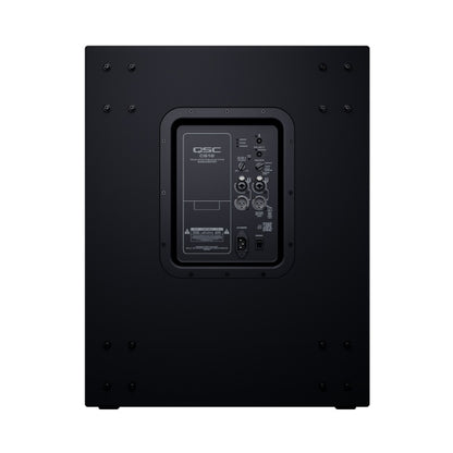 CS18-NA rear view of black cabinet with recessed amplifier panel and mounting screws, QSC
