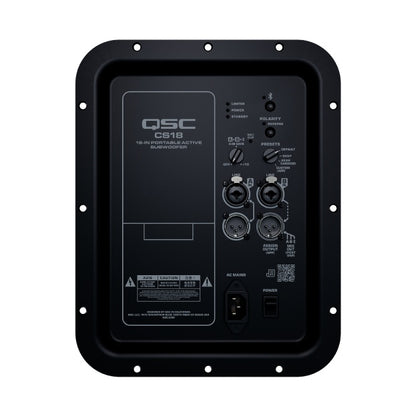 CS18-NA rear amplifier panel close-up showing XLR/combo line inputs and outputs, preset selector, polarity switch, IEC AC mains inlet and power switch, QSC