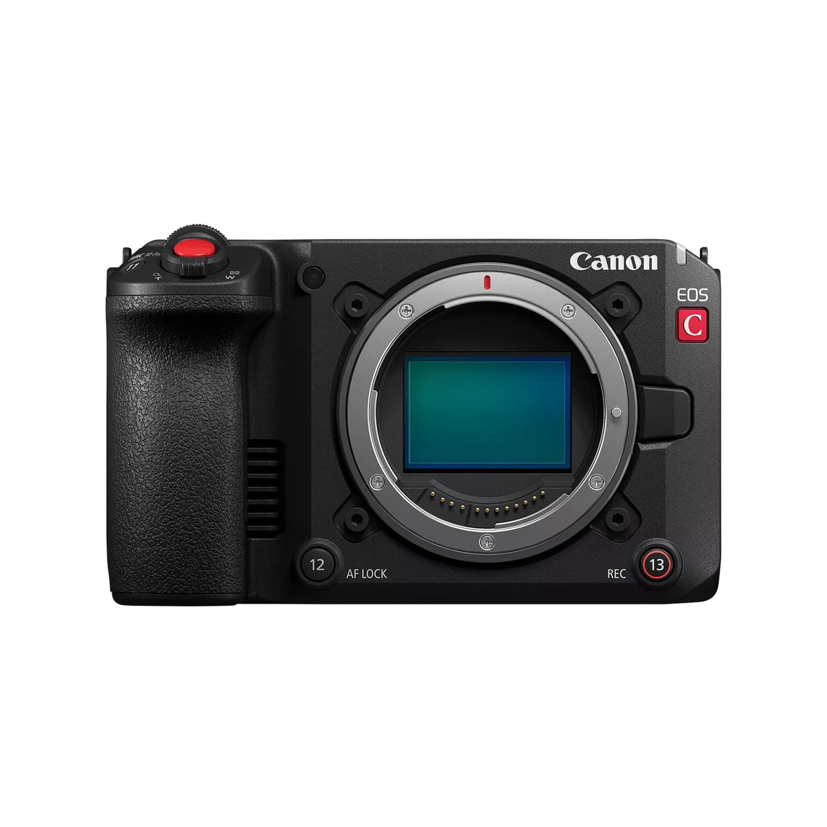 EOS C50 cinema camera body front view showing exposed full-frame sensor, RF lens mount and AF LOCK and REC assignable buttons, Canon