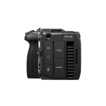EOS C50 left side connector panel with MIC, headphone, USB-C, HDMI and Time Code ports under rubber covers, Canon