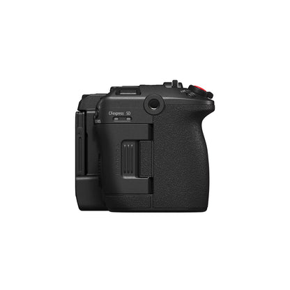 EOS C50 right side view showing CFexpress and SD card slot door and textured hand grip, Canon