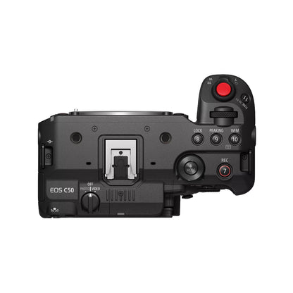 EOS C50 top plate with multi-function shoe, LOCK, PEAKING and WFM assignable buttons, MODE dial and red REC button, Canon