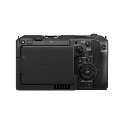 EOS C50 rear view with LCD monitor folded closed and AF-ON, MAGN., DISP and SET control cluster, Canon