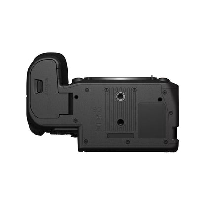 EOS C50 bottom view showing 1/4-inch tripod socket, locating pin hole and battery door latch, Canon