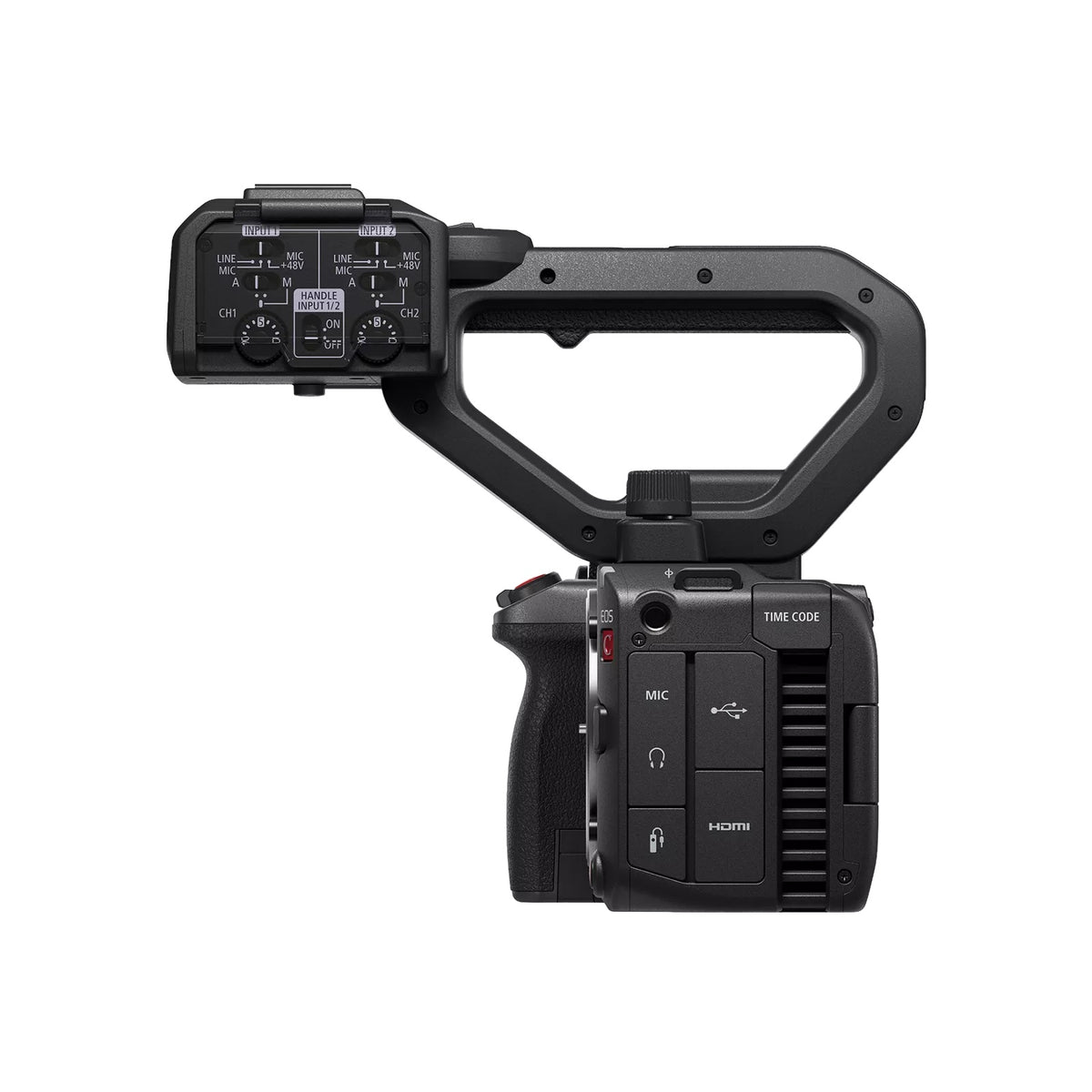 EOS C50 with top handle unit fitted, audio control panel showing INPUT 1 and 2 LINE/MIC/+48V switches and CH1/CH2 level dials, Canon