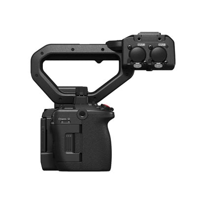 EOS C50 top handle rear view with dual XLR INPUT 1 and 2 audio connectors on the removable unit, Canon