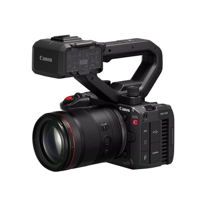 EOS C50 three-quarter view configured with RF L-series lens and XLR audio top handle, Canon