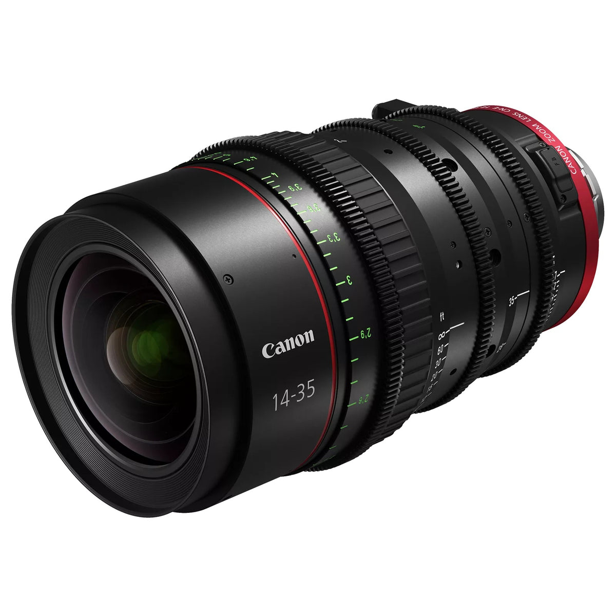 CN-E14-35mm T1.7 L S Flex Zoom cinema lens three-quarter front view showing front element and geared focus, zoom and iris rings, Canon