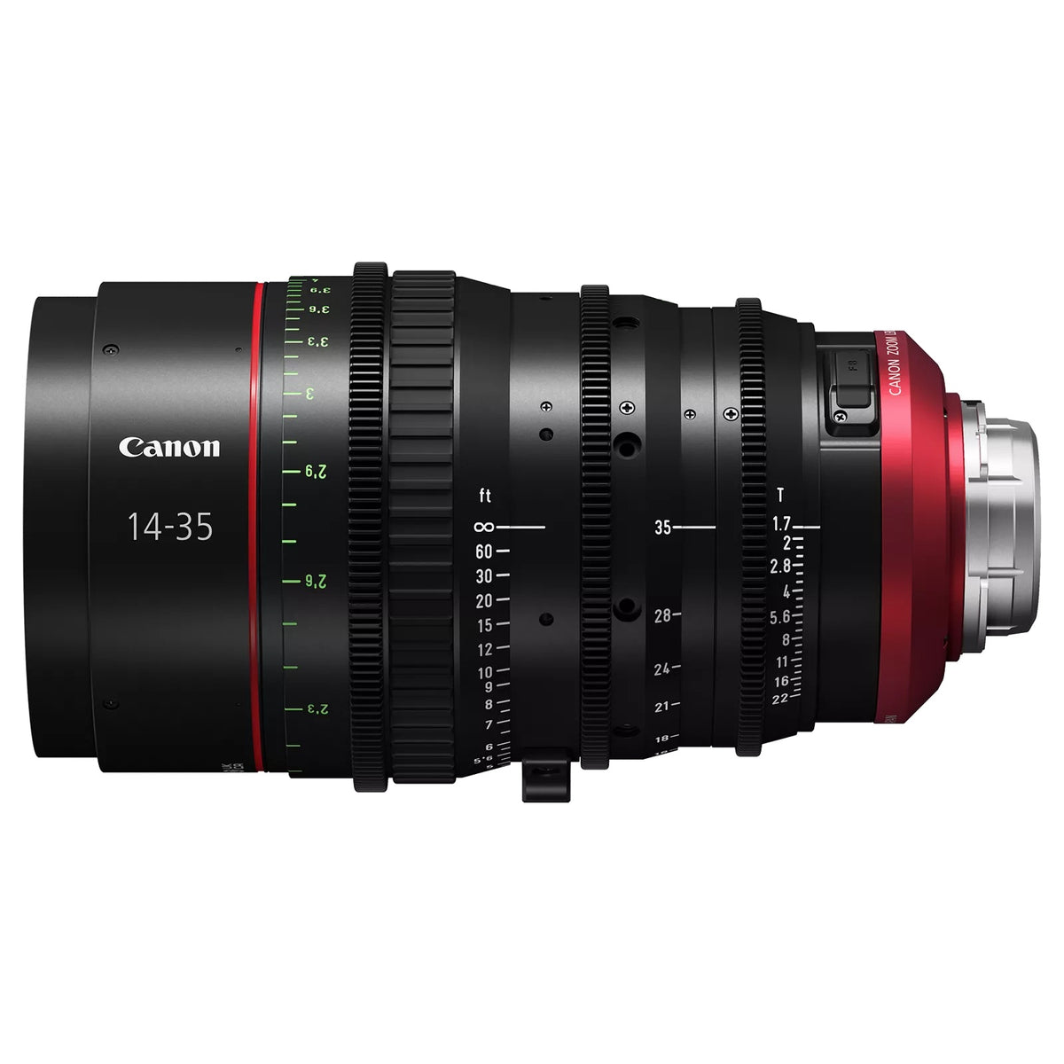 CN-E14-35mm T1.7 L S Flex Zoom lens side profile with feet focus scale, 35mm zoom marks and T1.7 iris scale toward PL mount, Canon