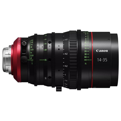 CN-E14-35mm T1.7 L S Flex Zoom lens opposite side view showing DATA port and metric scales with PL mount at left, Canon
