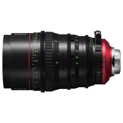 CN-E14-35mm T1.7 L S Flex Zoom lens side view with metric focus markings, lens support bracket and red mount collar, Canon