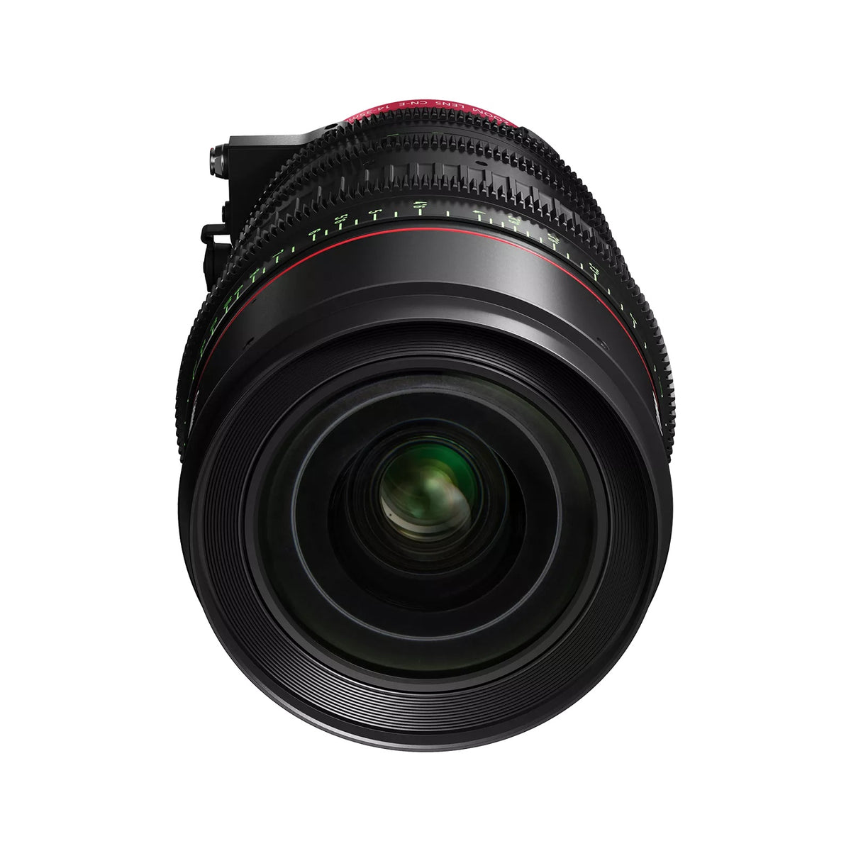 CN-E14-35mm T1.7 L S Flex Zoom lens front view showing coated front glass element and green focus scale markings, Canon