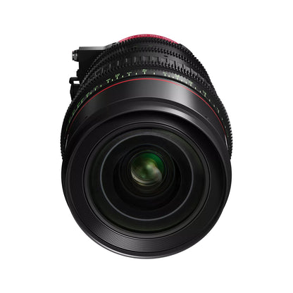 CN-E14-35mm T1.7 L S Flex Zoom lens front view showing coated front glass element and green focus scale markings, Canon