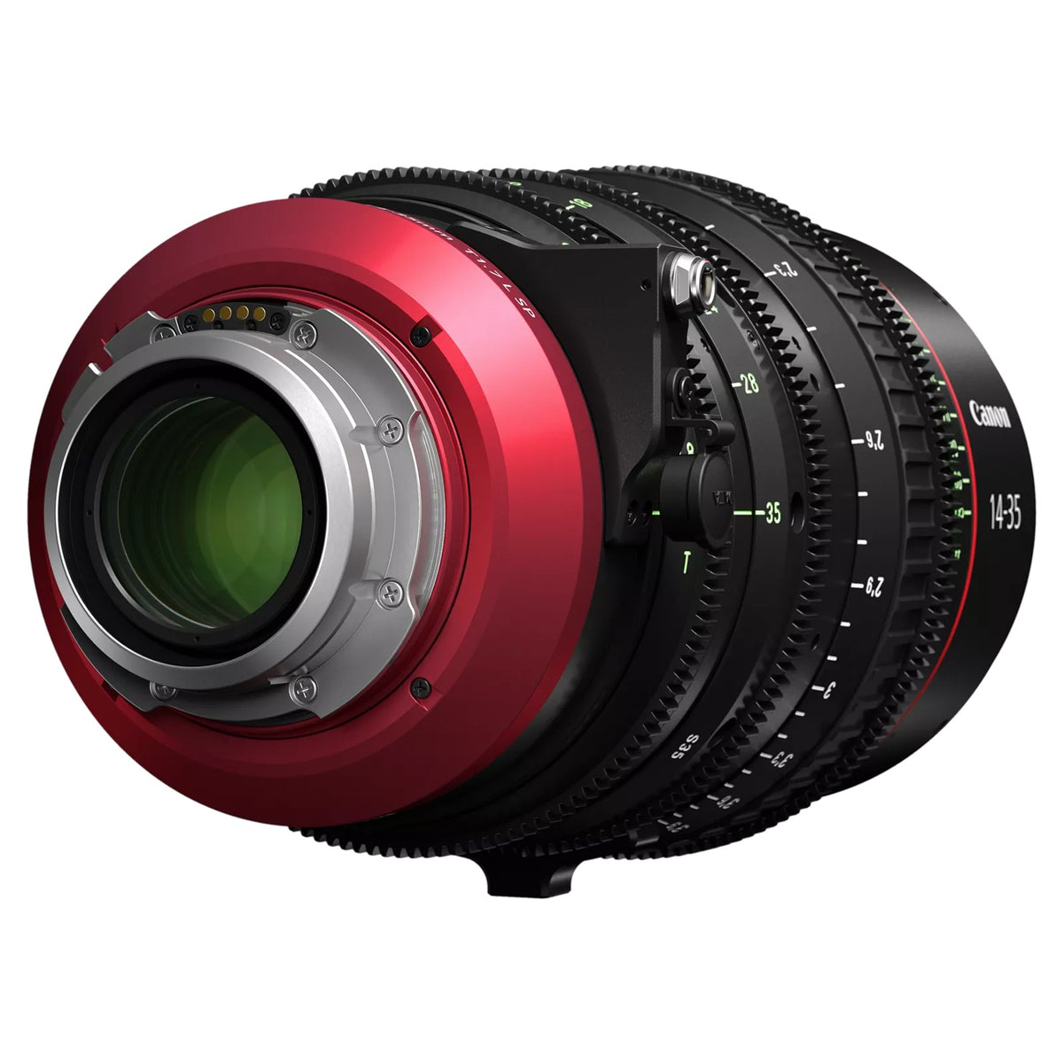 CN-E14-35mm T1.7 L S Flex Zoom lens rear three-quarter view showing PL mount contacts and red mount ring, Canon