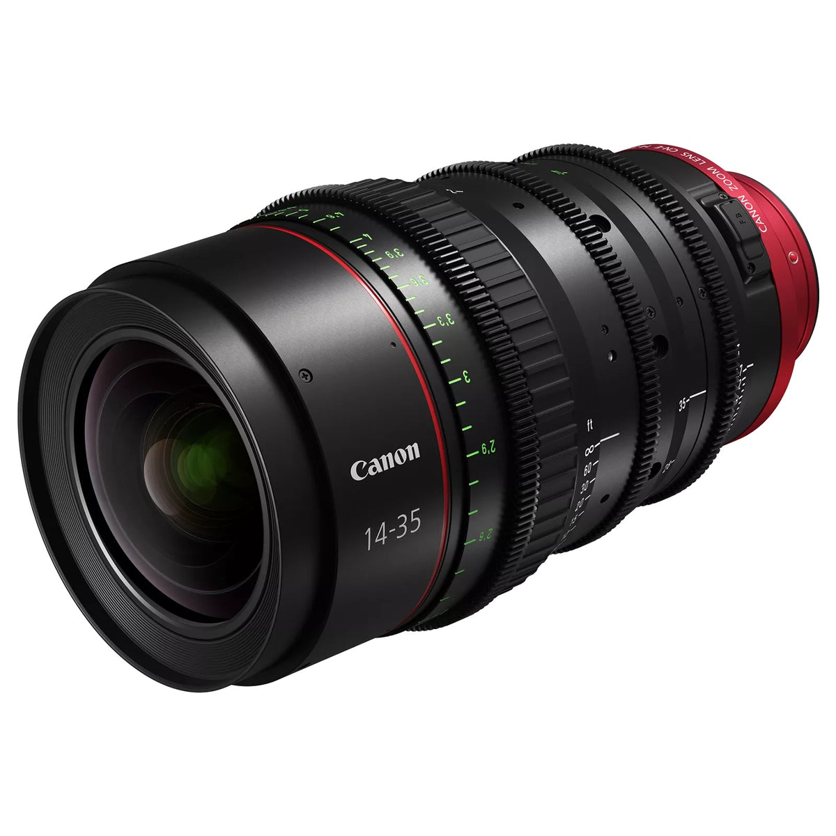 CN-E 14-35mm T1.7 L S Flex Zoom cinema lens angled front view showing green focus scale markings and red EF mount collar, Canon