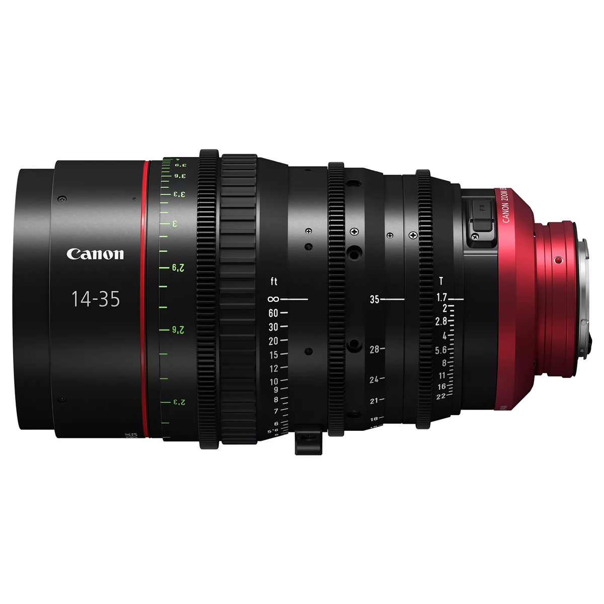 CN-E 14-35mm T1.7 L S Flex Zoom lens side profile with focus, zoom and iris gear rings and ft distance scale, Canon