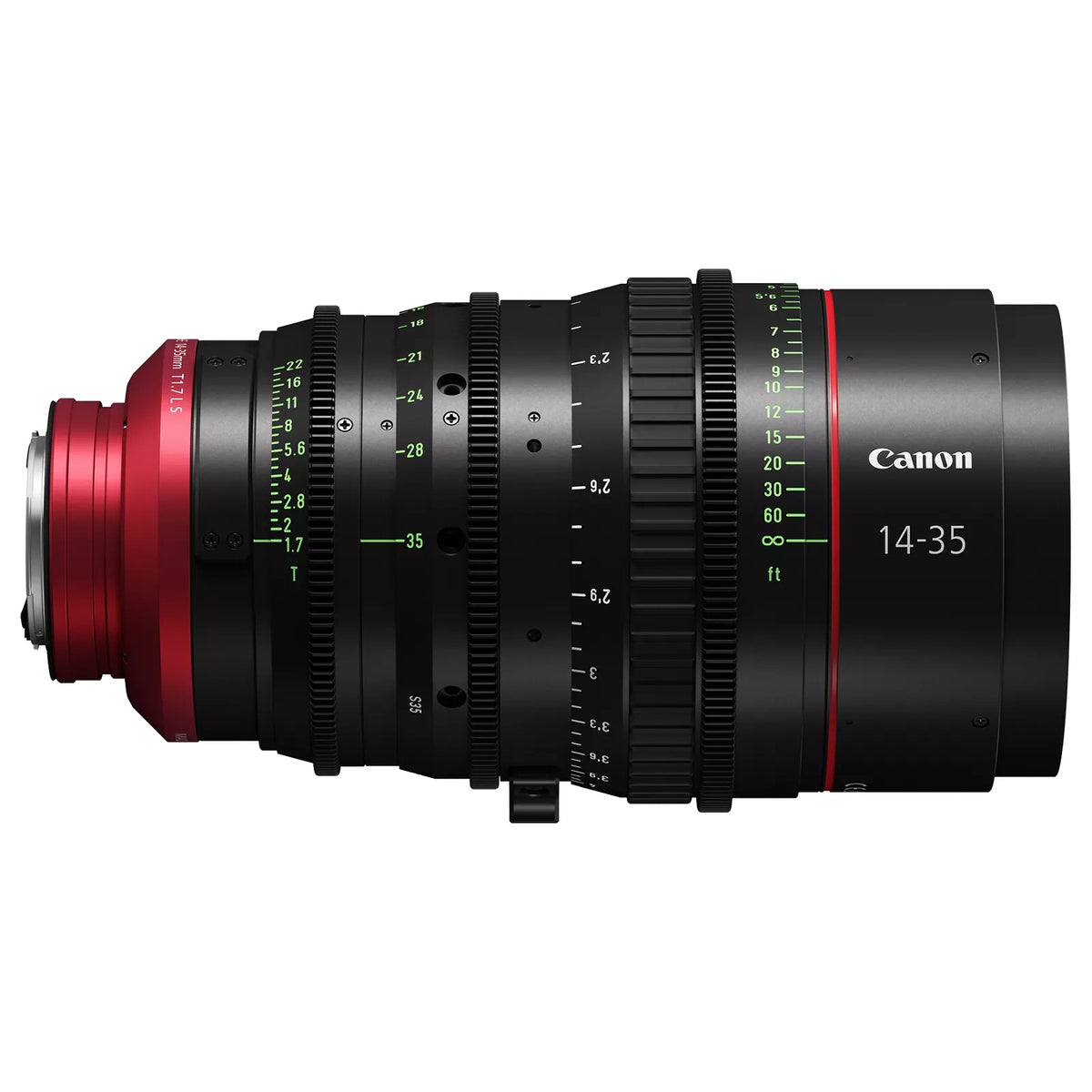 CN-E 14-35mm T1.7 L S Flex Zoom lens opposite side view showing T1.7-22 iris scale and red EF mount at left, Canon