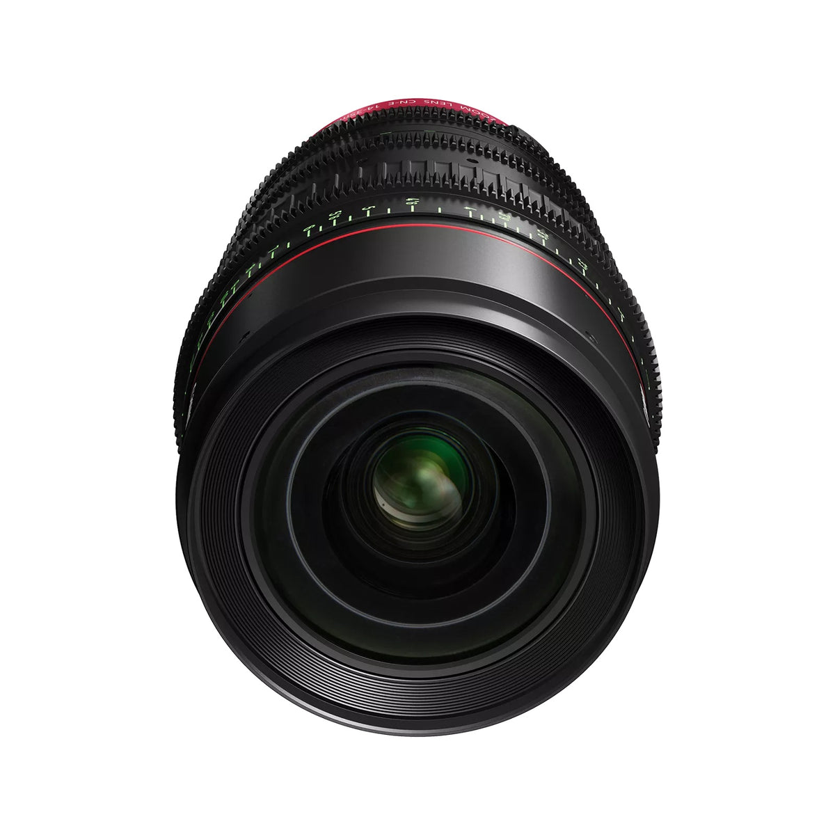 CN-E 14-35mm T1.7 L S Flex Zoom lens front element view showing green multi-coated glass and 114mm front barrel, Canon