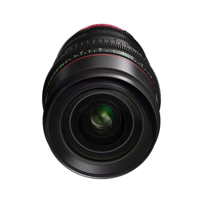 CN-E 14-35mm T1.7 L S Flex Zoom lens front element view showing green multi-coated glass and 114mm front barrel, Canon