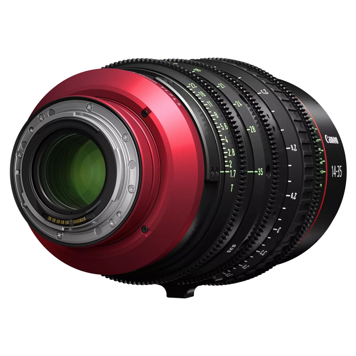 CN-E 14-35mm T1.7 L S Flex Zoom lens rear view showing EF mount contacts and rear element behind red mount ring, Canon