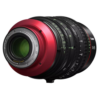 CN-E 14-35mm T1.7 L S Flex Zoom lens rear view showing EF mount contacts and rear element behind red mount ring, Canon