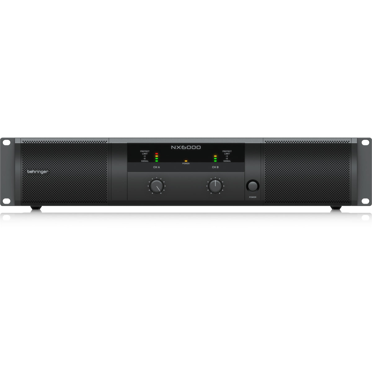 NX6000 front panel with CH A and CH B gain knobs, LED signal/limit/protect meters and power switch, Behringer