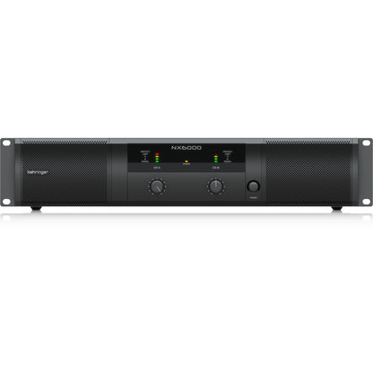 NX6000 front panel with CH A and CH B gain knobs, LED signal/limit/protect meters and power switch, Behringer