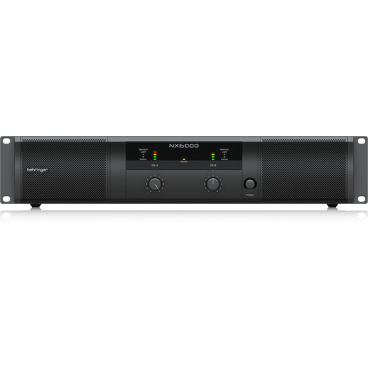 NX6000 front panel with CH A and CH B gain knobs, LED signal/limit/protect meters and power switch, Behringer