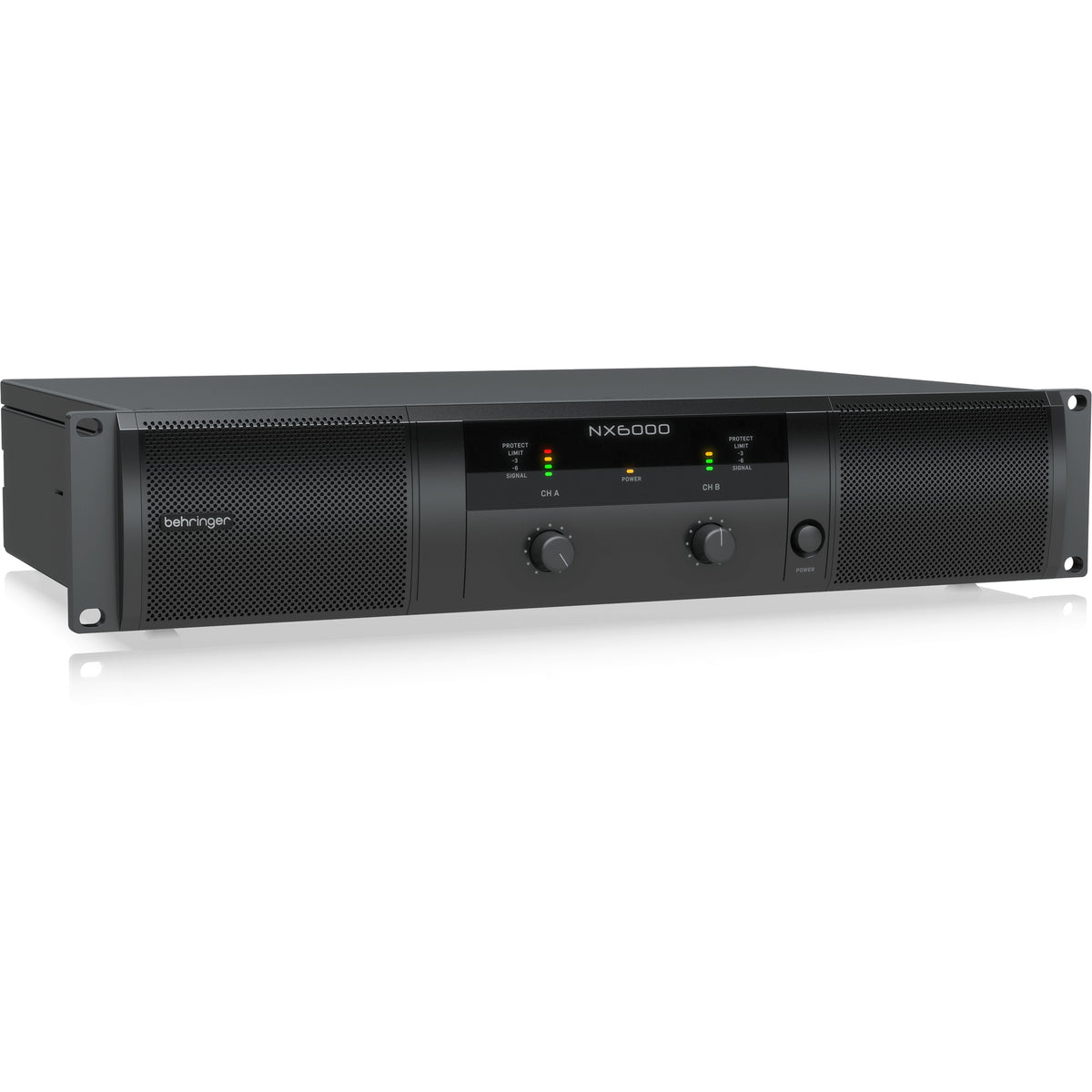 NX6000 front left angled view showing rack ears and perforated ventilation grilles, Behringer