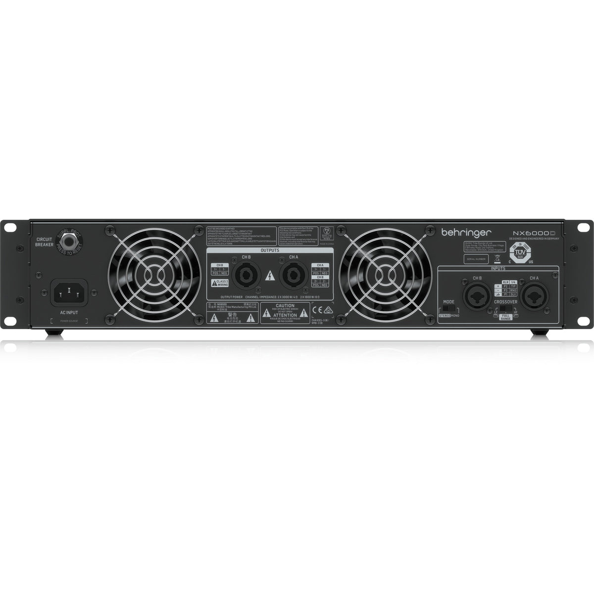 NX6000 rear panel with speakON outputs, XLR inputs, crossover mode switches, dual fans and IEC AC inlet, Behringer