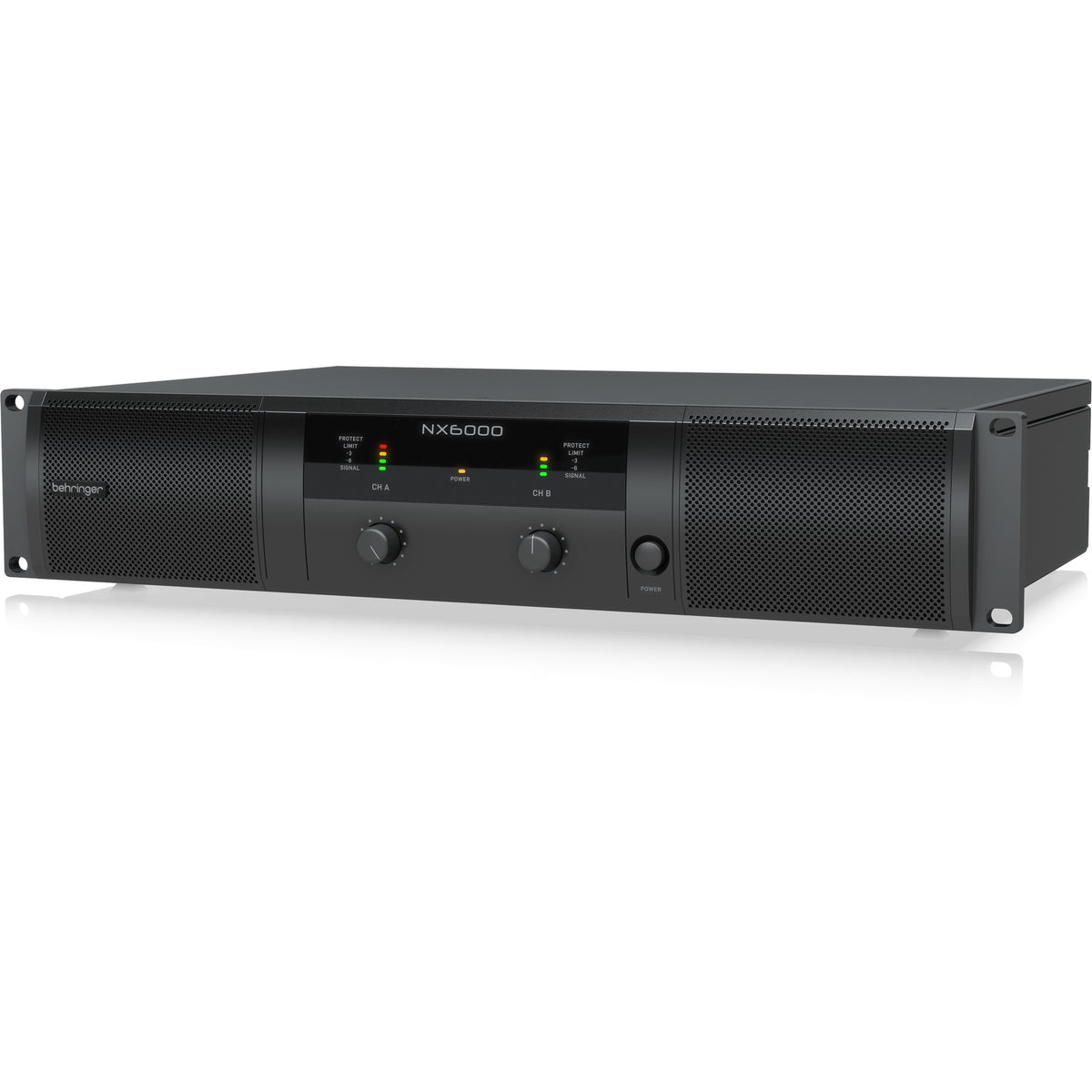 NX6000 front right angled view of 2U Class-D amplifier chassis with recessed control section, Behringer