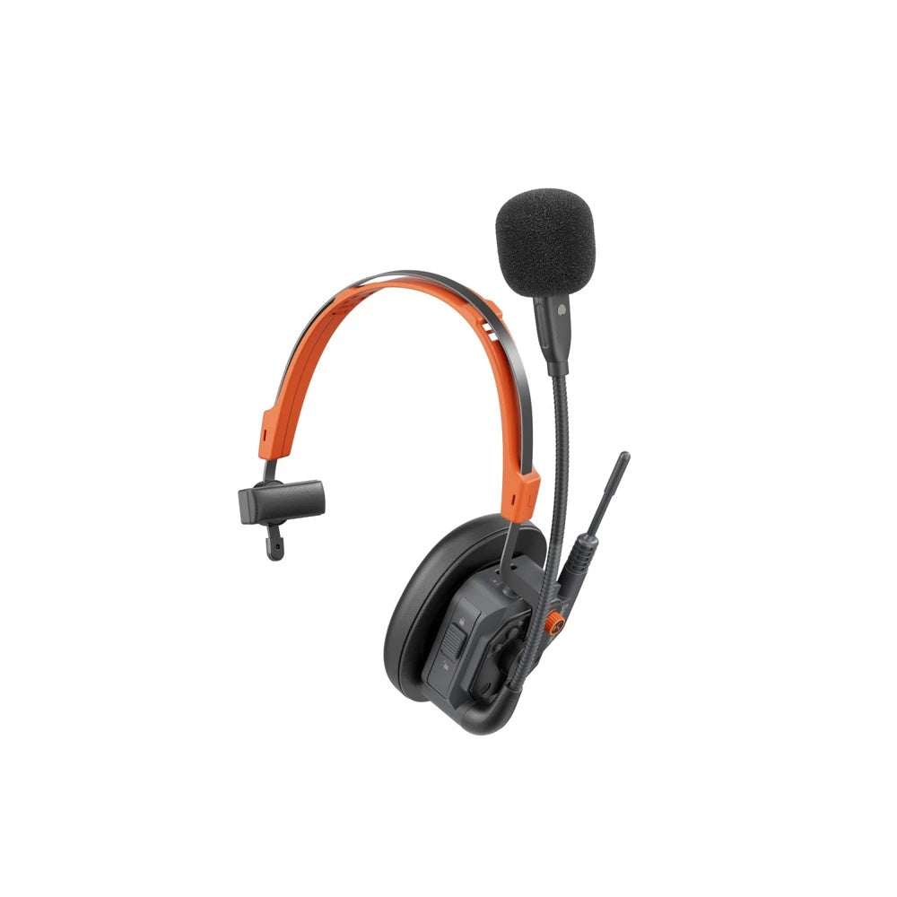 WiTalk9X single-ear wireless intercom headset angled rear view with orange headband and foam-capped boom mic, Saramonic