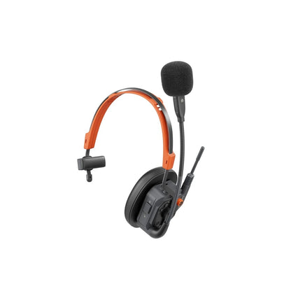 WiTalk9X single-ear wireless intercom headset angled rear view with orange headband and foam-capped boom mic, Saramonic