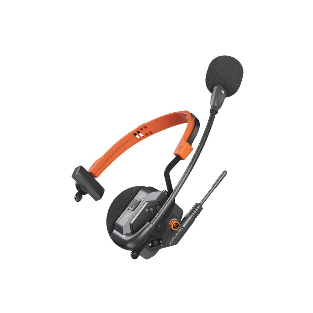 WiTalk9X intercom headset side view showing beltpack controls, A/B group buttons and antenna on the earcup, Saramonic