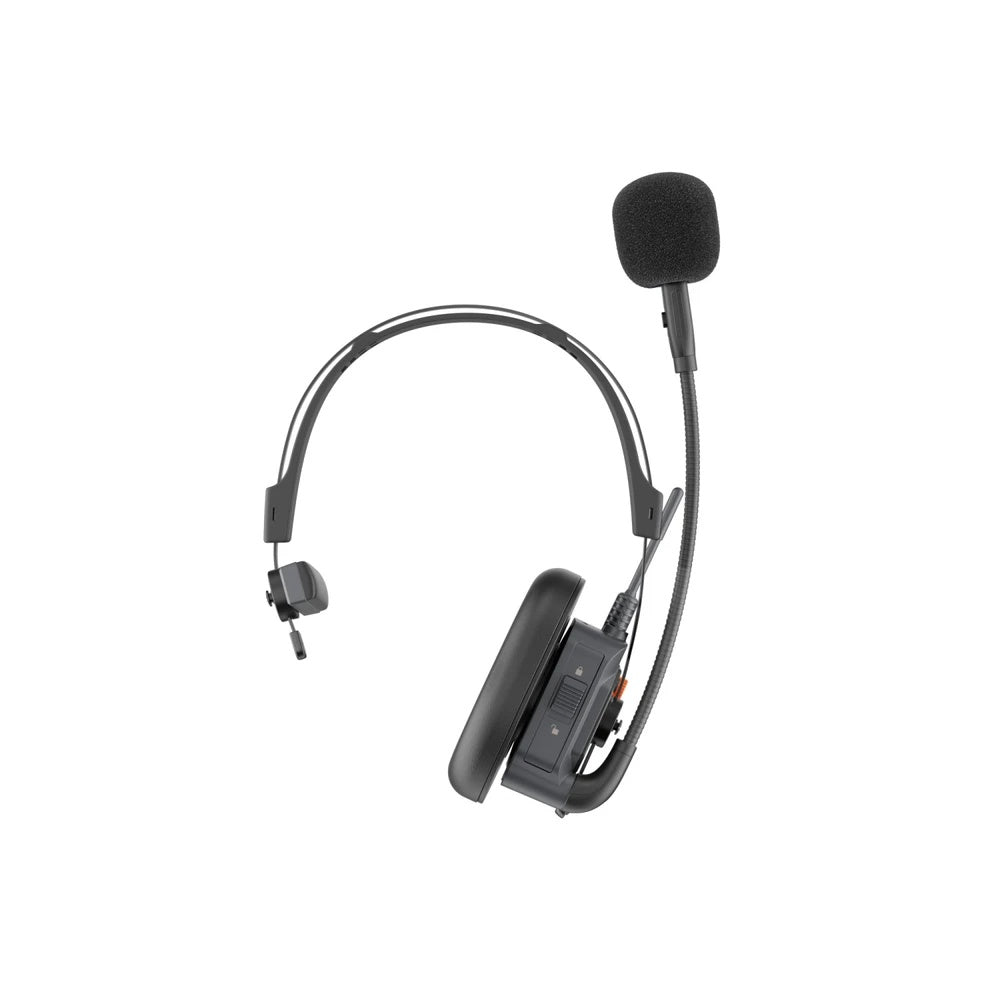 WiTalk9X all-black intercom headset side profile with gooseneck boom mic and earcup-mounted transceiver, Saramonic
