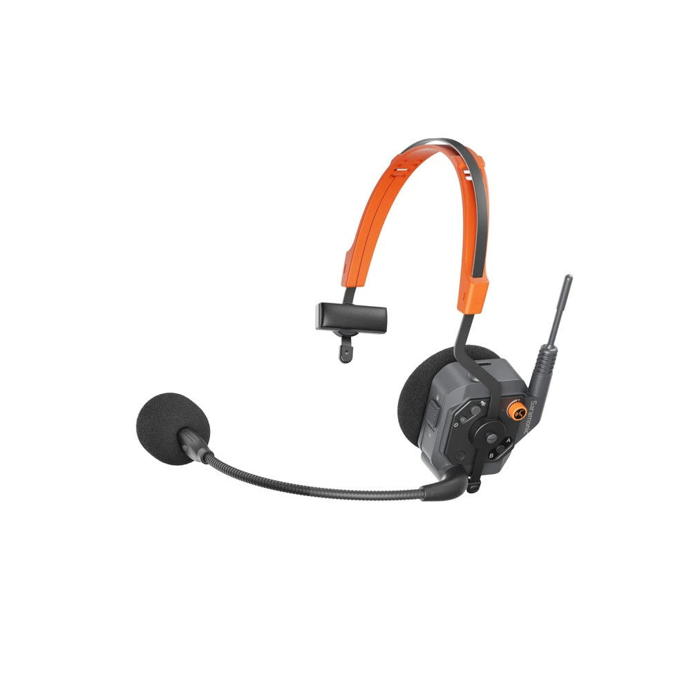 WiTalk9X wireless intercom headset front three-quarter view with boom mic forward and orange power dial, Saramonic