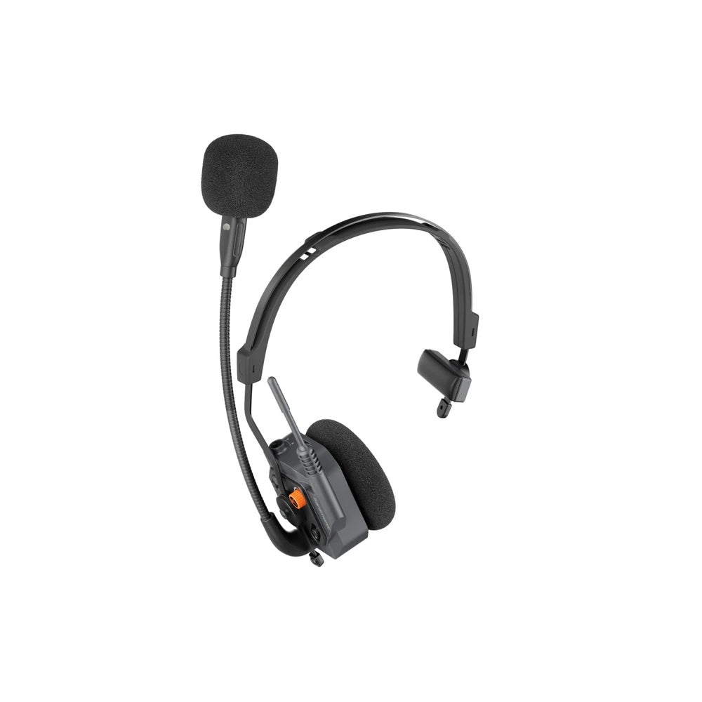 WiTalk9X intercom headset reverse angle showing antenna and orange latch on the transceiver earcup, Saramonic