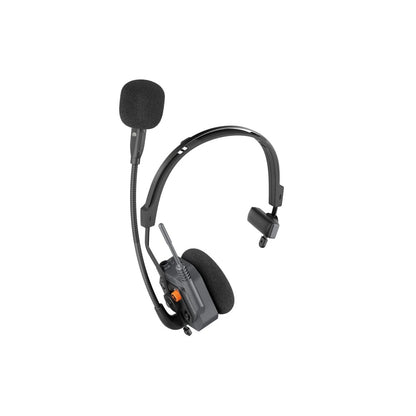 WiTalk9X intercom headset reverse angle showing antenna and orange latch on the transceiver earcup, Saramonic
