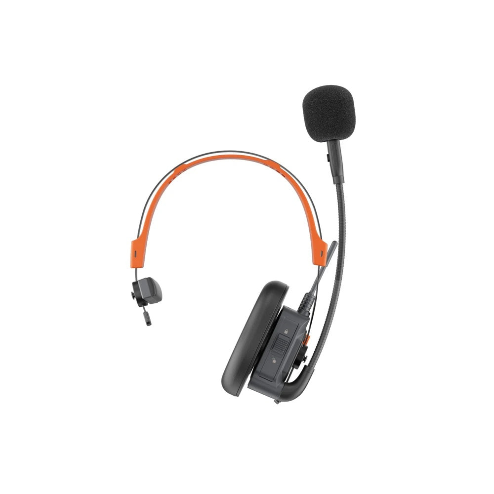 WiTalk9X intercom headset side view with orange overhead band and padded single earcup, Saramonic