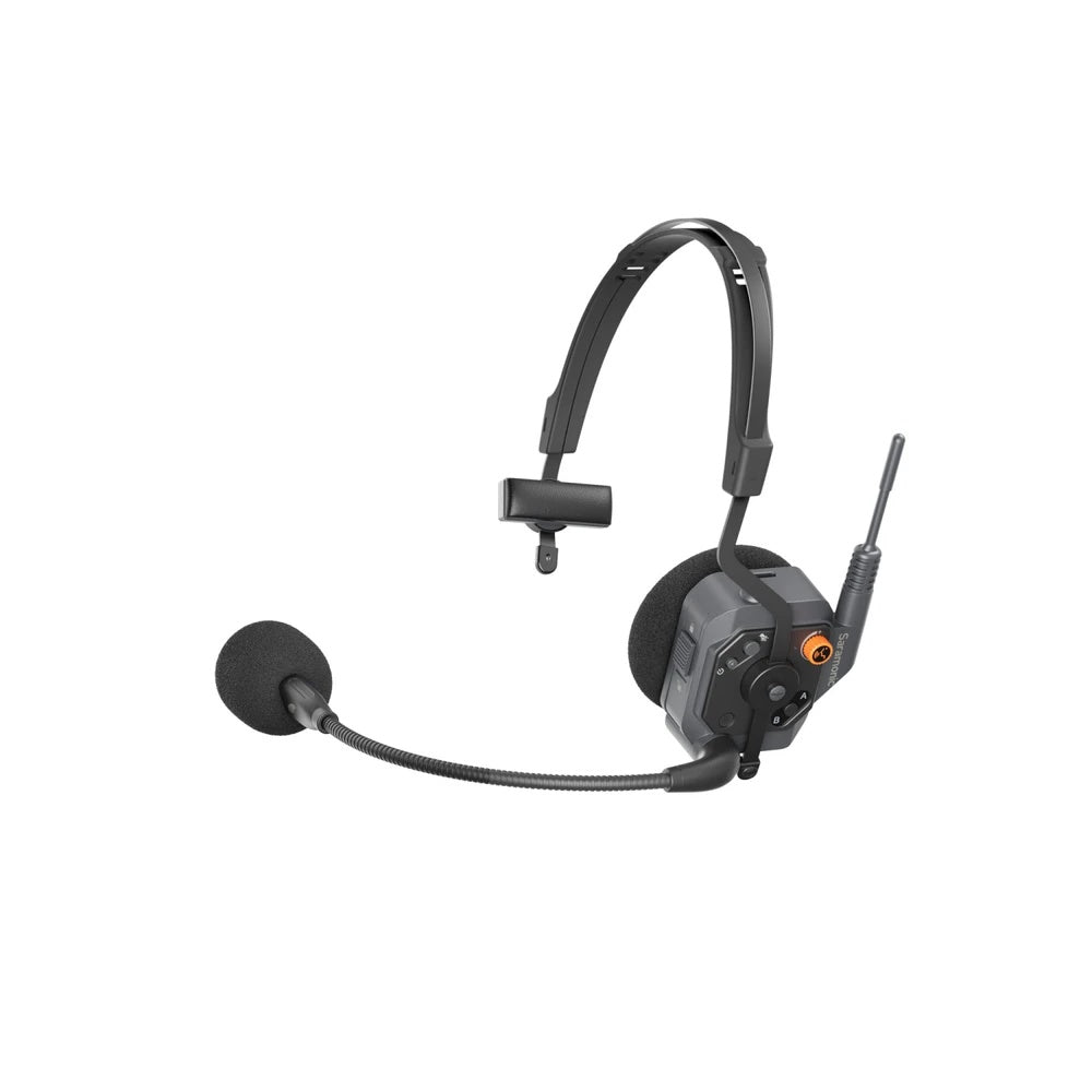 WiTalk9X intercom headset front view in all-black finish with foam windscreen on the boom mic, Saramonic