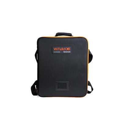 WiTalk9X padded carry backpack with orange zipper trim and front logo patch, Saramonic